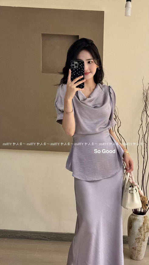 Cowl Neckline Short Sleeves Tie Tops With Skirts Sets